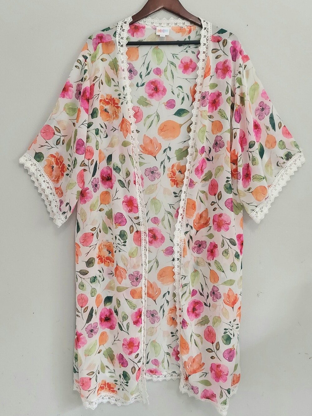 Lularoe Floral Sheer Open Kimono Duster Robe Crochet Lace Trim Large Feminine